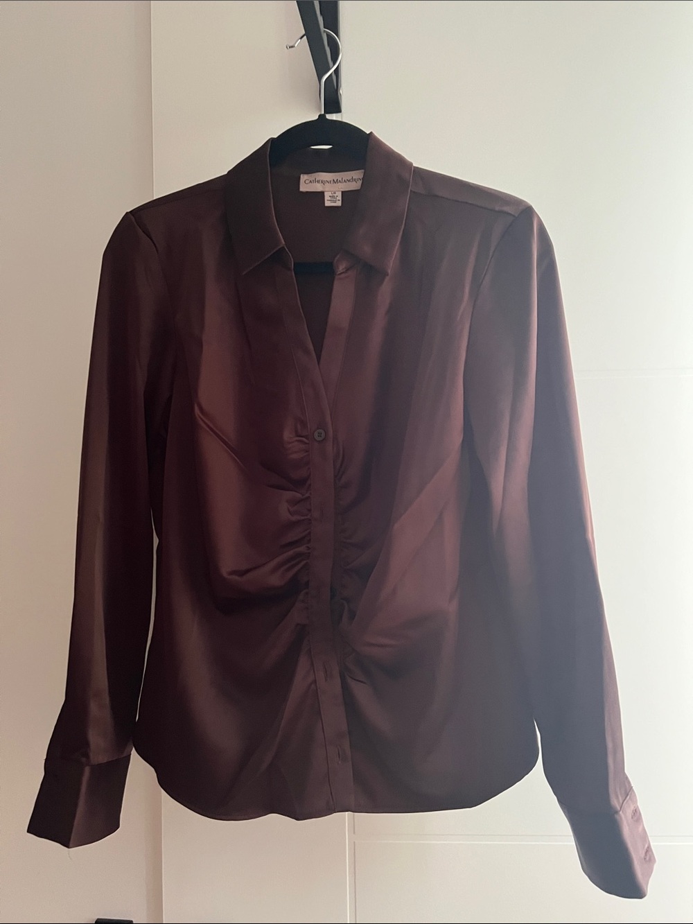 Catherine Malandrino Chocolate Brown Satin Ruched Button-Down Shirt